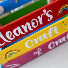 Load image into Gallery viewer, hand painted in rainbow colours large wooden craft crate personalised