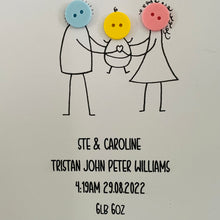 Load image into Gallery viewer, button family stick figures framed new baby gift