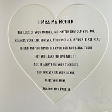 Load image into Gallery viewer, box framed remembrance poem I miss my mum with feather and crystals