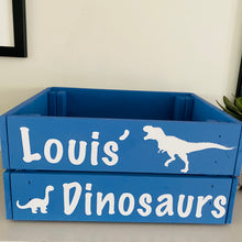 Load image into Gallery viewer, wooden hand painted dinosaur toy storage crate with child's name