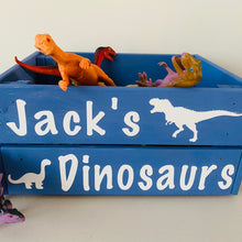 Load image into Gallery viewer, wooden hand painted dinosaur toy storage crate with child's name