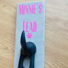 Load image into Gallery viewer, personalised wooden dog lead plaque with black dog tail hook