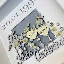 Load image into Gallery viewer, personalised silver wedding frame with couples names on a silver branch and year of their wedding day