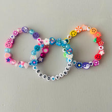 Load image into Gallery viewer, bright coloured mixed beaded elasticated bracelet with the words good vibes