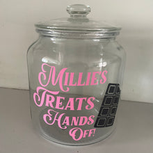 Load image into Gallery viewer, personalised glass treat jar with your choice of text and sweet or chocolate image