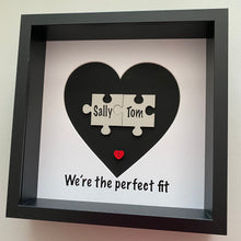 Load image into Gallery viewer, box framed personalised gift with 2 jigsaw pieces with names on we're the perfect fit underneath