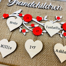 Load image into Gallery viewer, framed family tree gift with the word grandchildren and names on hearts