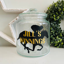 Load image into Gallery viewer, glass jar with horse image personalised racing fund jar
