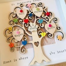 Load image into Gallery viewer, wooden family tree framed with bright buttons names on hearts