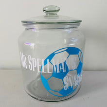 Load image into Gallery viewer, glass snack jar with football image and personalised text