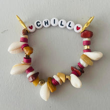 Load image into Gallery viewer, bracelet brown and cream with shells and word chill