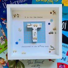 Load image into Gallery viewer, Decoupaged initial in frame with gingham blue background, personalised christening gift