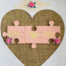Load image into Gallery viewer, framed wedding gift with names on jigsaw pieces pink roses and tied the knot text