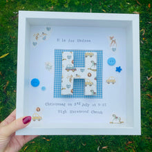 Load image into Gallery viewer, Decoupaged initial in frame with gingham blue background, personalised christening gift