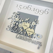 Load image into Gallery viewer, personalised silver wedding frame with couples names on a silver branch and year of their wedding day