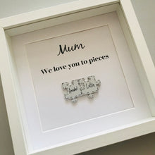 Load image into Gallery viewer, box frame with names on jigsaw pieces and daddy/mummy we love you to pieces