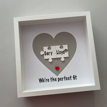 Load image into Gallery viewer, box framed personalised gift with 2 jigsaw pieces with names on we're the perfect fit underneath