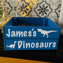 Load image into Gallery viewer, wooden hand painted dinosaur toy storage crate with child's name