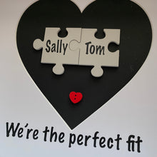 Load image into Gallery viewer, box framed personalised gift with 2 jigsaw pieces with names on we're the perfect fit underneath
