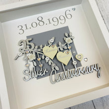 Load image into Gallery viewer, personalised silver wedding frame with couples names on a silver branch and year of their wedding day