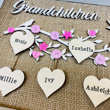 Load image into Gallery viewer, framed family tree gift with the word grandchildren and names on hearts