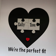 Load image into Gallery viewer, box framed personalised gift with 2 jigsaw pieces with names on we're the perfect fit underneath