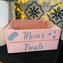 Load image into Gallery viewer, personalised wooden crate to fill with pamper treats with your choice of text