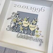 Load image into Gallery viewer, personalised silver wedding frame with couples names on a silver branch and year of their wedding day