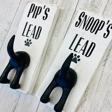 Load image into Gallery viewer, personalised wooden dog lead plaque with black dog tail hook