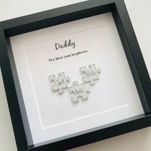 Load image into Gallery viewer, box frame with names on jigsaw pieces and daddy/mummy we love you to pieces