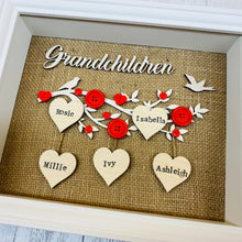 Load image into Gallery viewer, framed family tree gift with the word grandchildren and names on hearts