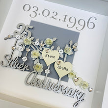 Load image into Gallery viewer, personalised silver wedding frame with couples names on a silver branch and year of their wedding day