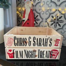 Load image into Gallery viewer, Personalised wooden film night treat crate with popcorn sweet and ticket images