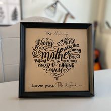 Load image into Gallery viewer, personalised mum word art heart in black square frame