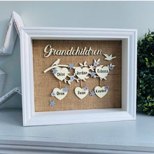 Load image into Gallery viewer, framed family tree gift with the word grandchildren and names on hearts