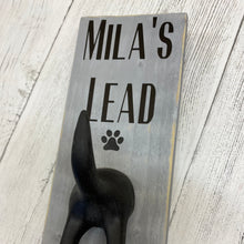 Load image into Gallery viewer, personalised wooden dog lead plaque with black dog tail hook