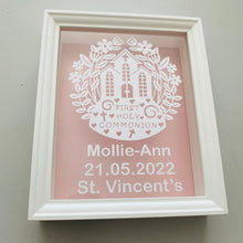 Load image into Gallery viewer, personalised first holy communion framed gift with choice of background colour