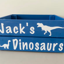 Load image into Gallery viewer, wooden hand painted dinosaur toy storage crate with child's name
