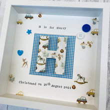 Load image into Gallery viewer, Decoupaged initial in frame with gingham blue background, personalised christening gift