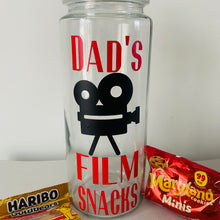 Load image into Gallery viewer, glass personalised film night snack jar with red text and black video camera image