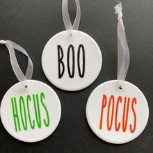 Load image into Gallery viewer, white bauble with black string and the word boo, hocus or pocus