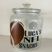 Load image into Gallery viewer, personalised NFL snack jar with american football image and helmet and your name