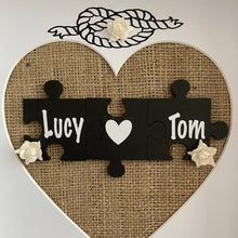 Load image into Gallery viewer, framed wedding gift with names on jigsaw pieces cream roses and tied the knot text