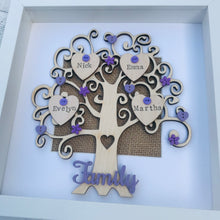 Load image into Gallery viewer, wooden family tree with names on hearts and coloured buttons in a frame