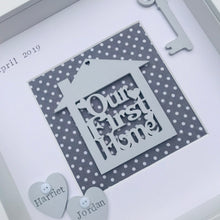 Load image into Gallery viewer, personalised our first home framed gift with names on hearts