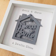 Load image into Gallery viewer, personalised new home gift within a frame with new home text and family name