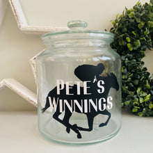 Load image into Gallery viewer, glass jar with horse image personalised racing fund jar