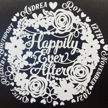 Load image into Gallery viewer, personalised wedding gift picture with floral design white on black background