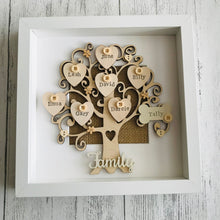 Load image into Gallery viewer, wooden family tree with names on hearts and coloured buttons in a frame