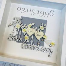 Load image into Gallery viewer, personalised silver wedding frame with couples names on a silver branch and year of their wedding day